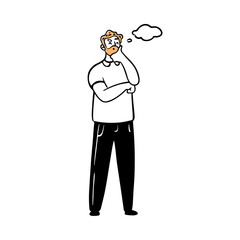 Bearded man holding hand on chin thinking on problem solution. Vector flat cartoon character, isolated male personage with thought bubble doodle. Brainstorming or solving issues at work