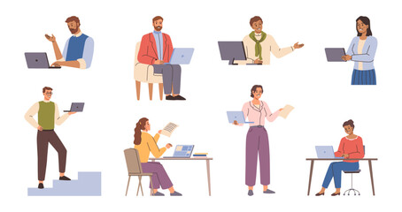 People working with laptops and computers. Vector isolated designers and developers at working place. Smiling male and female characters in office and at remote work, freelancing outdoors