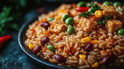 Savory tofu and vegetable rice dish.