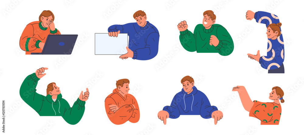 Poster Young people gesturing, showing and presenting. Vector in flat style, isolated set of characters pointing on blank paper or empty space. Advertisement or banner, presenter personage with cheerful mood