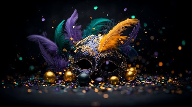 Festive masquerade mask with feathers, confetti, and baubles; party celebration background