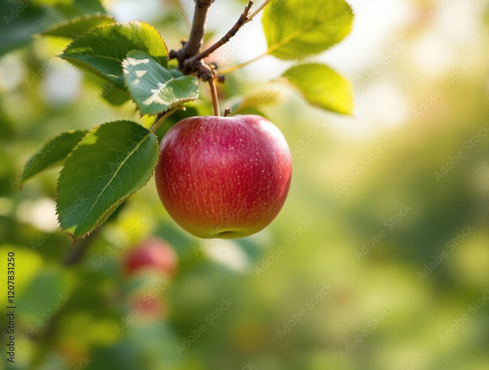 Poster a single ripe apple hanging from a tree branch, surrounded by green leaves. the background is a blur