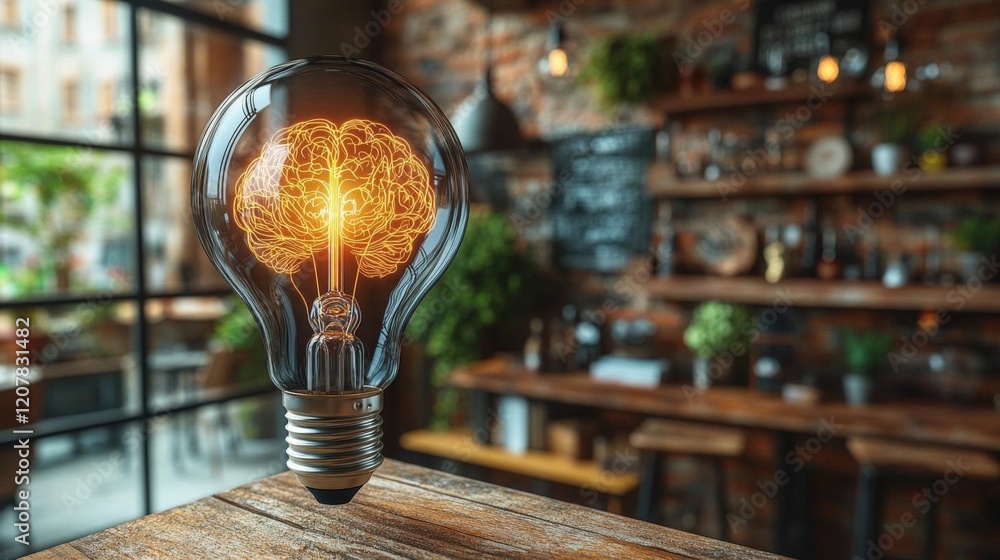 Poster illuminating ideas: a glowing brain inside a vintage lightbulb on a wooden table in a rustic bar set