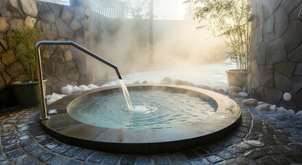 Fototapeta premium Warm water cascading into an outdoor spa tub creates a relaxing atmosphere