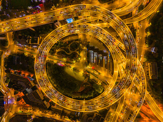 Aerial view of NanPu Bridge at night in Shanghai
