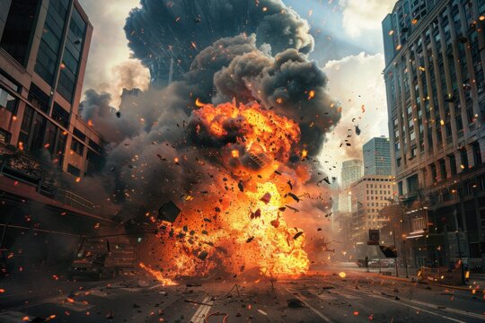 Massive explosion in an urban street with fiery flames, thick smoke, flying debris, and shattered windows