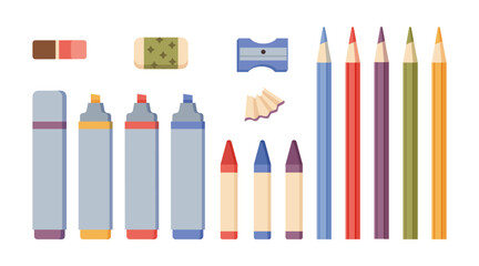 Drawing materials for artists. Vector isolated kit for painting on paper, colorful crayons and pencils, sharpener and eraser. Markers and highlighters for adding dynamism and color to pictures