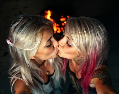 Girlfriends' innocent kiss by the fire.
