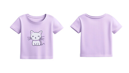  light purple girls' t-shirt mockup with cute animal graphic, front, back, and side views, transparent background