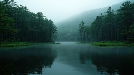 Misty Lake Enveloped by Evergreen Trees: A Serene Landscape