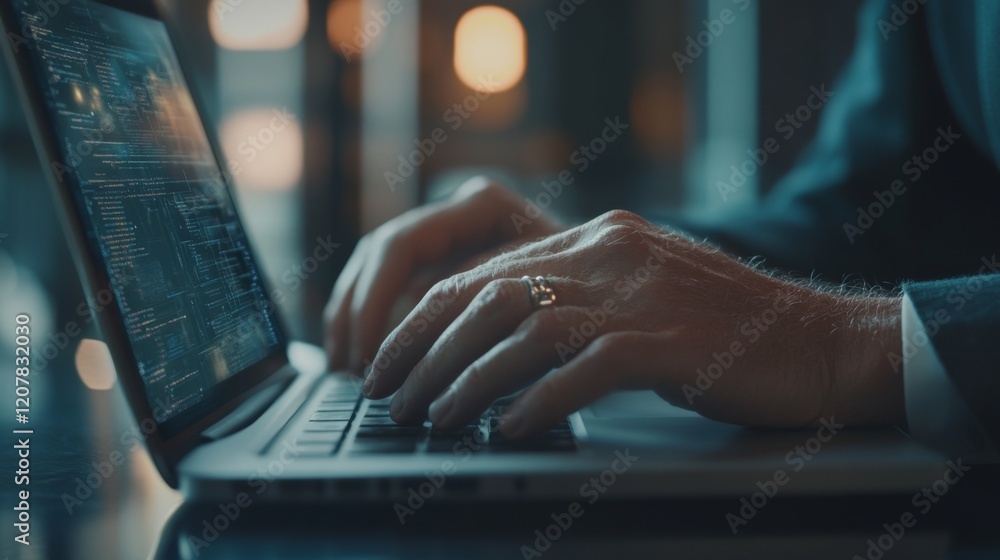 Poster cyber security expert analyzing data on laptop in modern workspace