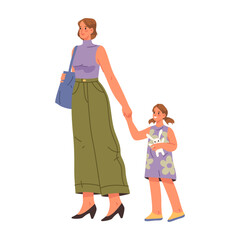 Mum and daughter walking together, mother holding hands with child. Vector isolated people strolling for fun, going home or school. Family time or weekends. Fashionable mommy with bag accessory