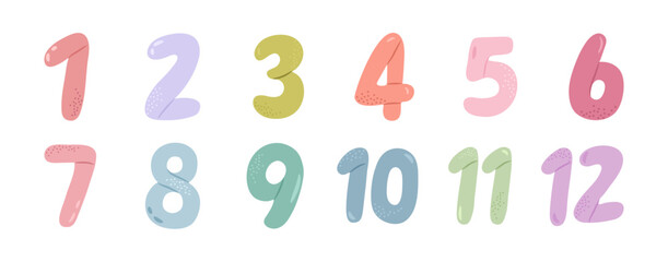 Typographic numbers and digits for posters and banners design. Vector in flat style, isolated set of learning and studying cards for kids. Baby months or year milestone celebration for birthday