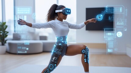 Woman practicing virtual reality fitness with futuristic holograms. AI-driven health technology and innovation trends.