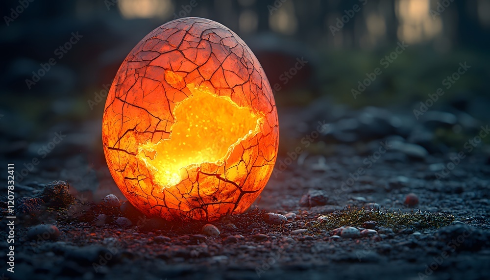 Poster Illuminated Cracked Egg Symbolizing New Beginnings and Transformation in a Mysterious Natural Setting with Soft Light and Abstract Background