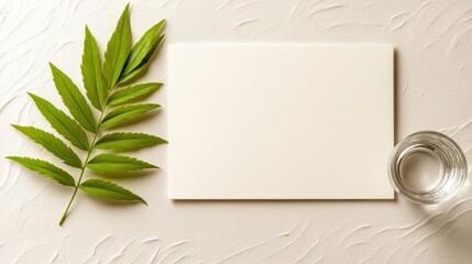 A blank white card and envelope rest on a table with a glass of water and palm leaf, creating a serene and minimalist atmosphere