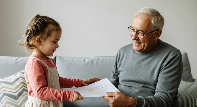 Smiling granddaughter giving her drawing to her happy grandfather while sitting on a sofa
