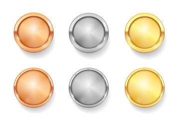 Silver and gold, bronze realistic set of medals for winners of challenge or competition. Vector isolated icons with copy space. Award for victory, fist or second, third place for champion