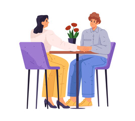 Boyfriend and girlfriend on date sitting in cafe or restaurant. Vector isolated man and woman walking and holding hands, romantic evening of boy and girl, wife and husband spending time together