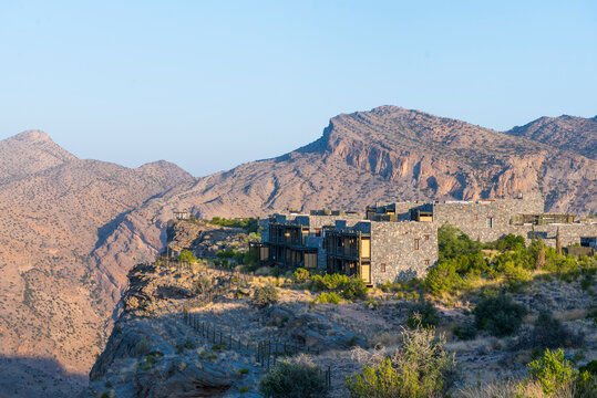 Alila Jabal Akhdar hotel, nestled 2000 metres above sea level, surrounded by Al Hajar Mountains, Sultanate of Oman, Arabian Peninsula