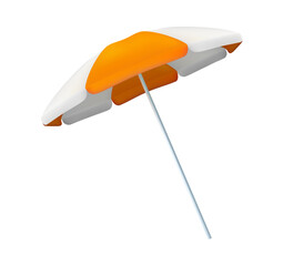 Realistic parasol with stripes and stand. Vector isolated umbrella giving shade on hot sunny days creating shade on seaside or pool. Protection from overheating and direct sunlight rays © Sensvector