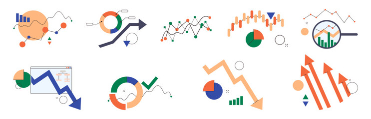 Graphics and charts analyzing stock market. Vector in flat style, isolated set of visual aids for business and investment strategy planning. Statistics and economic analysis, risks and gains