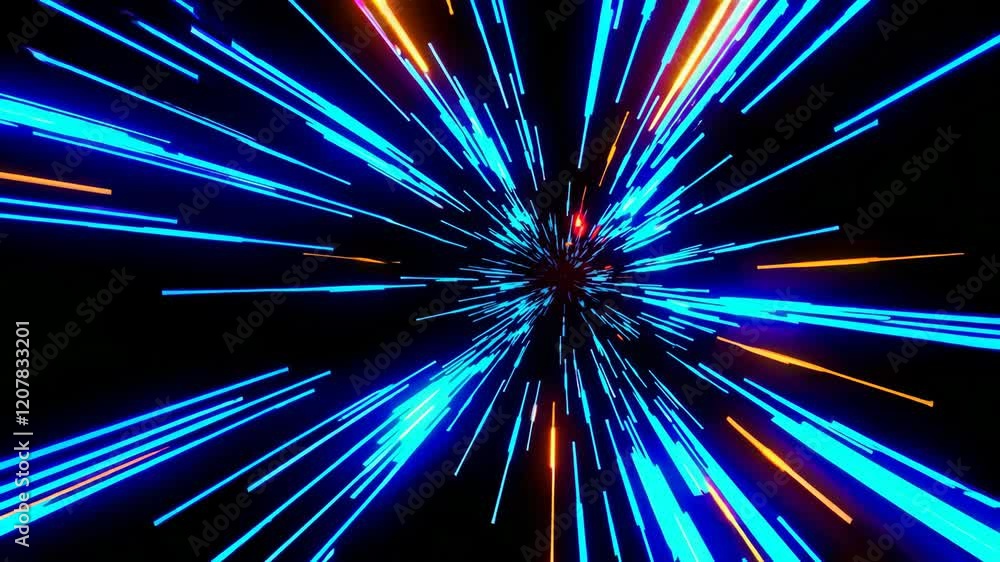 Poster dynamic burst of neon blue and orange light rays on black background, abstract movement concept