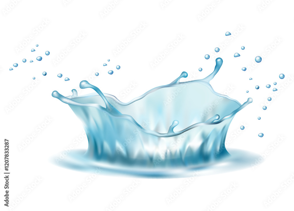 Poster water crown splashes and wave swirl with drops, isolated fresh drink 3d element. vector splashing wa