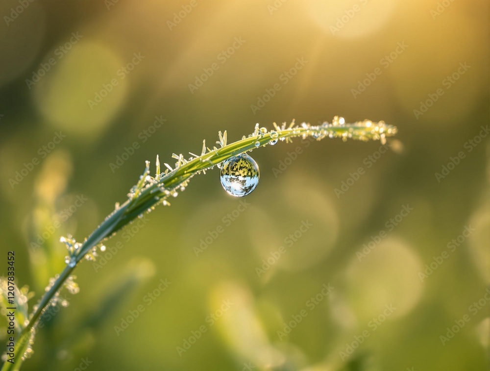 Aufkleber a close-up view of a dew drop on a blade of grass, with a blurred background that suggests a natural