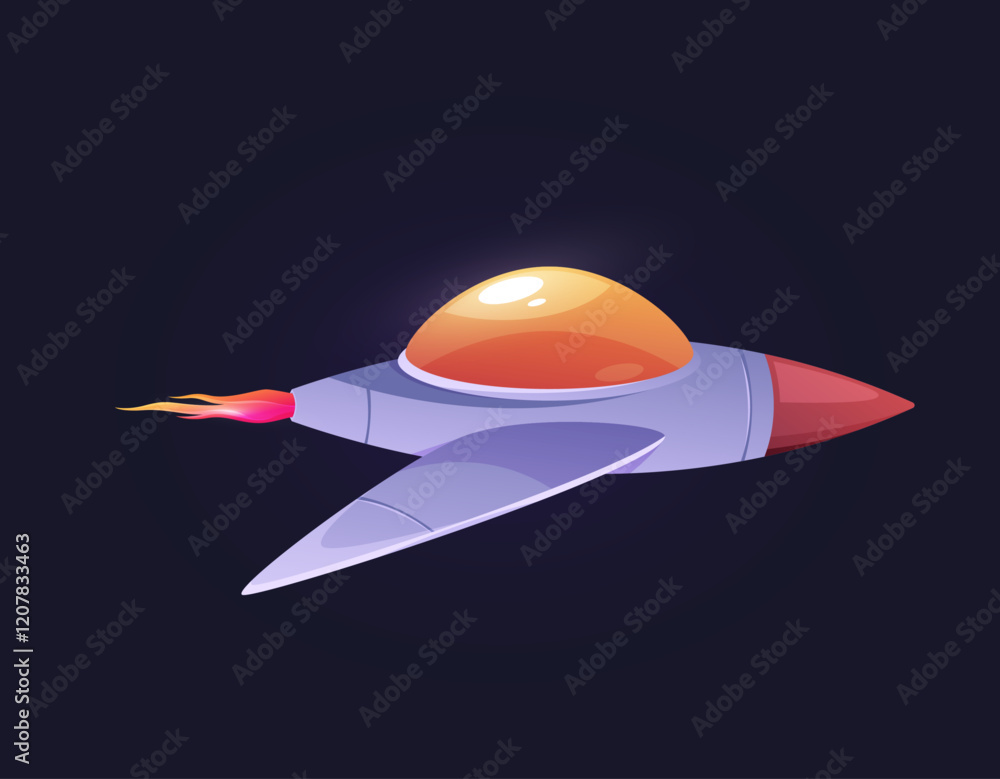 Poster Rocket with fire trail, isolated spacecraft for space galaxy exploration and adventures. Vector game design spaceship with window and wings. Universe and cosmos traveling on reactive jet