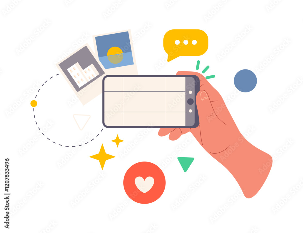 Poster smartphone with schedule or calendar for planning, flat cartoon vector illustration. isolated hand w