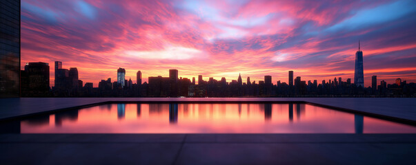 Fototapeta premium A breathtaking view of a glowing city skyline reflecting on a tranquil pool during a vivid sunset.