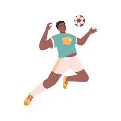 Soccer player kick ball by chest, football sport, football play activity champion. Vector football tournament team player wearing uniform. Sportsman flat cartoon character