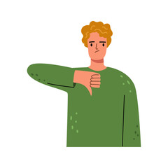 Cute person dislike gesture emotion, thumb down isolated flat cartoon character. Vector person showing disappointment or disconnect gesture, disagreement expression