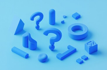 Abstract 3D blue shapes and question marks on a light blue background.