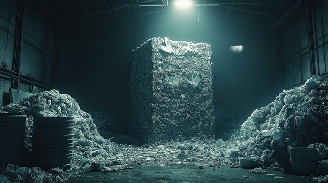 Massive block of compressed plastic waste in dimly lit industrial space. A stark representation of overconsumption and environmental crisis.