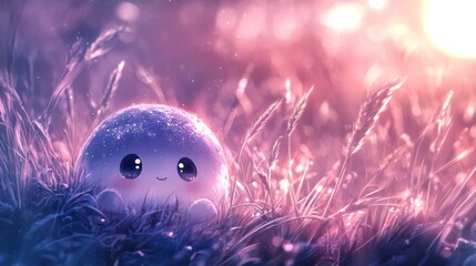 Adorable fuzzy blue spherical object peeking through soft green grass blades in a whimsical serene meadow landscape  The pastel colors and blurred background create a magical fantasy like atmosphere