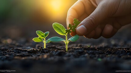 Hand planting puzzle piece into young plant growing in rich soil at sunrise
