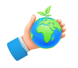Save planet, world environment day holiday celebration. Vector in flat style, isolated 3d hand holding globe with growing leaf. Ecologically friendly and careful, protective for planet earth