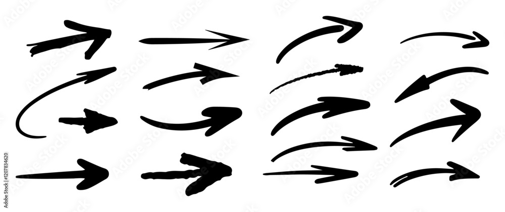 Poster Arrows and pointers for doodles and sketches. Vector charcoal, pencil or pen hand drawn element icon for checklists and pointing, showing emphasis. Swirly shapes and lines to right side
