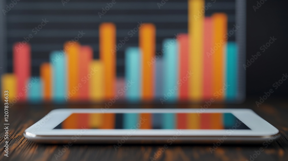 Poster tablet analytics: a tablet device sits on a wooden desk, its screen reflecting the colorful bars of 