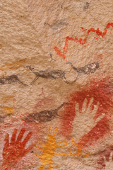 Vertical Image of Rock ledge on Rio Pinturas where famous rock paintings of handprints and animals are located. Location: Cueva de las Manos, UNESCO World Heritage Site, Patagonia, Argentina