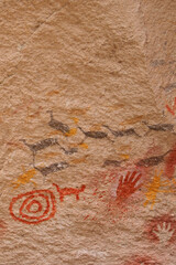 Vertical Image of Rock ledge on Rio Pinturas where famous rock paintings of handprints and animals are located. Location: Cueva de las Manos, UNESCO World Heritage Site, Patagonia, Argentina