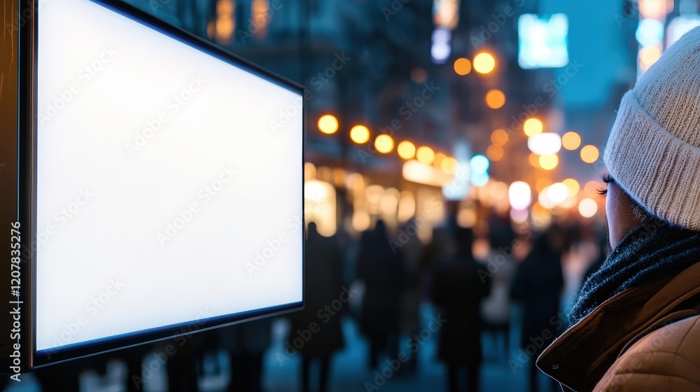 Poster individual engaged in observation of large display screen illuminating a room with soft ambient ligh
