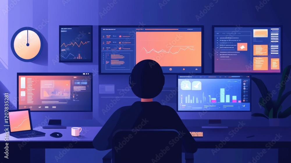 Poster person working in modern office with multiple screens and data