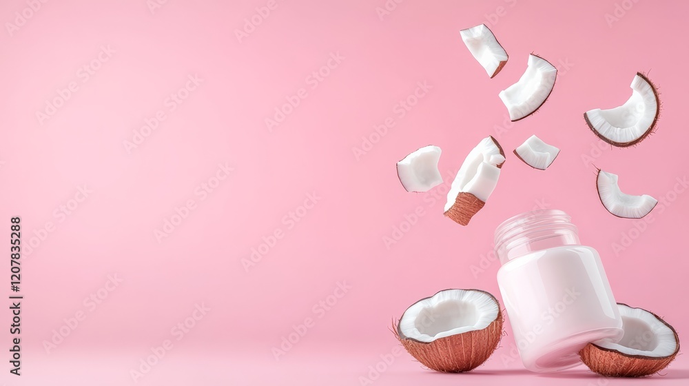 Poster Coconut pieces levitating around a jar of cosmetic cream, creating a dynamic and visually appealing scene against a vibrant pink backdrop, ideal for beauty, skincare, and tropical themed projects