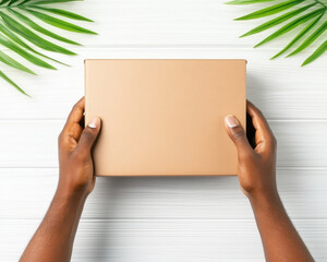Top down view of person holding delivery box surrounded by green leaves, conveying excitement and anticipation for contents inside