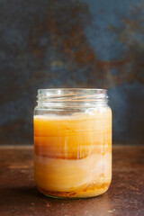 Scoby Hotel in a glass jar on rustic table,  Kombucha Scoby is an abbreviation for “Symbiotic...