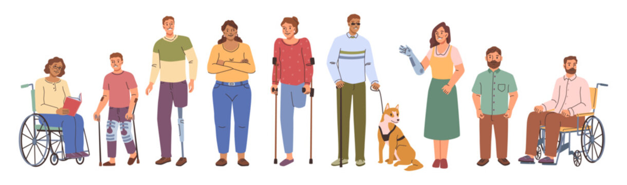 People with disabilities. Vector group of inclusive personages in wheelchairs and with prosthetic arms and legs, with fractures and amputated limbs, blind male with guide dog and person with dwarfism