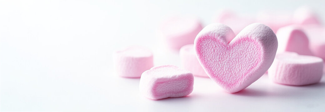 Los malvaviscos rosados ​​y blancos en forma de coraz&oacute;n simbolizan el amor y el afecto en el d&iacute;a de San Valent&iacute;n. Malvaviscos con forma de corazones rojo y espacio de copia a un lado.